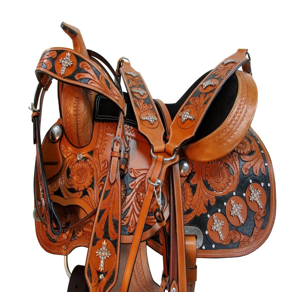 DEEP SEAT Western Barrel Horse Saddle 15 16 17 Pleasure Tooled Leather TACK Set (16 in)