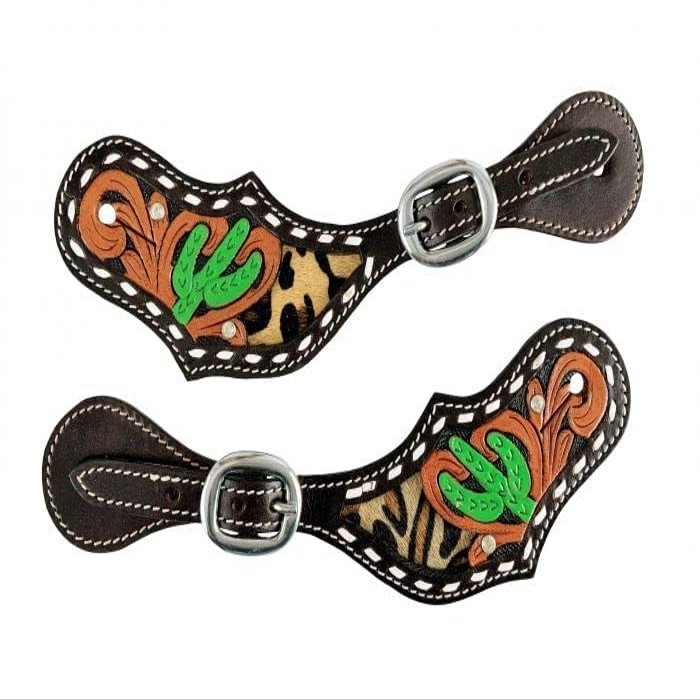Showman Ladies Leather Spur Straps w/Cactus & Hair-On Cheetah Inlay