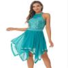 JanJean Women's Sleeveless Halter Neck Sequins Lyrical Dance Costume Asymmetrical Mesh Dance Dress Green Large view 1
