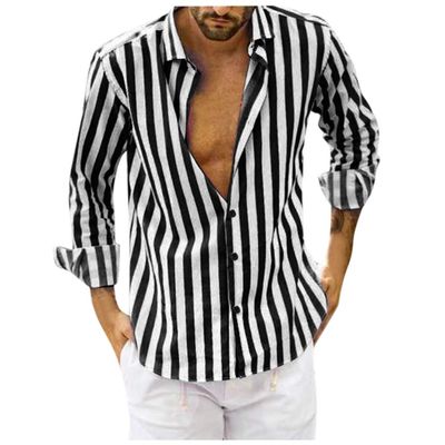 Men's Casual Button Down Shirt Cotton Long Sleeve Regular Fit Striped Dress Shirts Anti-Wrinkle Business Work Beach Tops A-Black