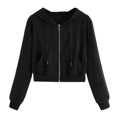 Women's Casual Drawstring Hoodie Cute Trendy Zip Up Crop Top Tshirt Drop Shoulder Long Sleeve Sweatshirt with Pocket Black