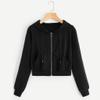 Women's Casual Drawstring Hoodie Cute Trendy Zip Up Crop Top Tshirt Drop Shoulder Long Sleeve Sweatshirt with Pocket Black view 2