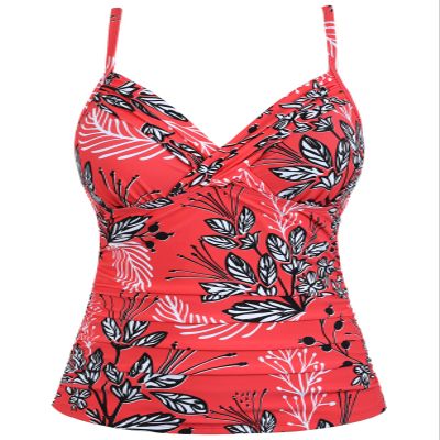 coastal rose Womens Swim Top Ruched Tummy Control Tankini Top Front Cross V Neck Bathing Suit Tops Only US16 Red Floral