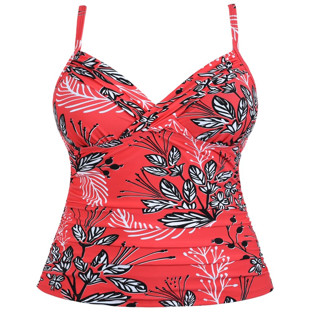 coastal rose Womens Swim Top Ruched Tummy Control Tankini Top Front Cross V Neck Bathing Suit Tops Only US16 Red Floral