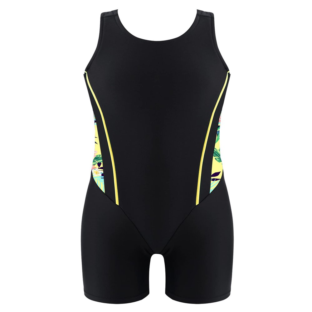 Daenrui Kids Girls Boys Athletic Open Racer Back One Piece Swimsuit Boyleg Sports Competitive Bathing Suits Yellow 10 Years