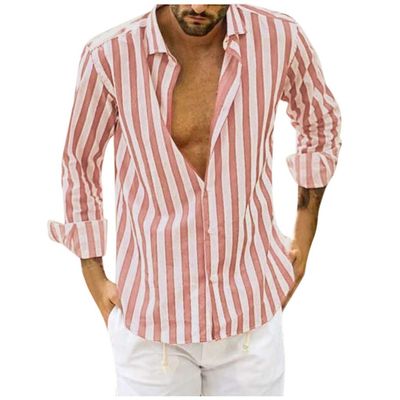 Men's Casual Button Down Shirt Cotton Long Sleeve Regular Fit Striped Dress Shirts Anti-Wrinkle Business Work Beach Tops Pink