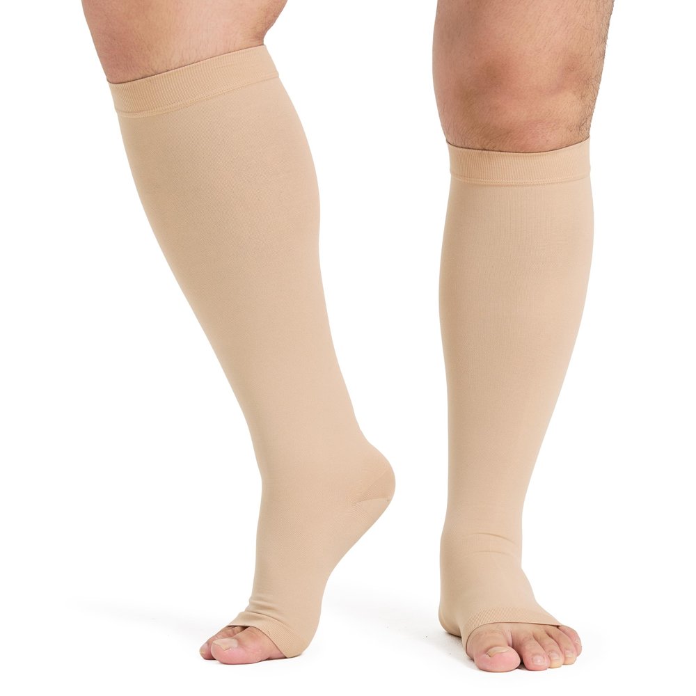 KEKING Extra Wide Calf Compression Socks for Men & Women, 20-30 mmHg Compression Stockings Open Toe - Plus Size Knee High Support Hose for Varicose Veins, Pain Relief, Swelling, Beige 3XL