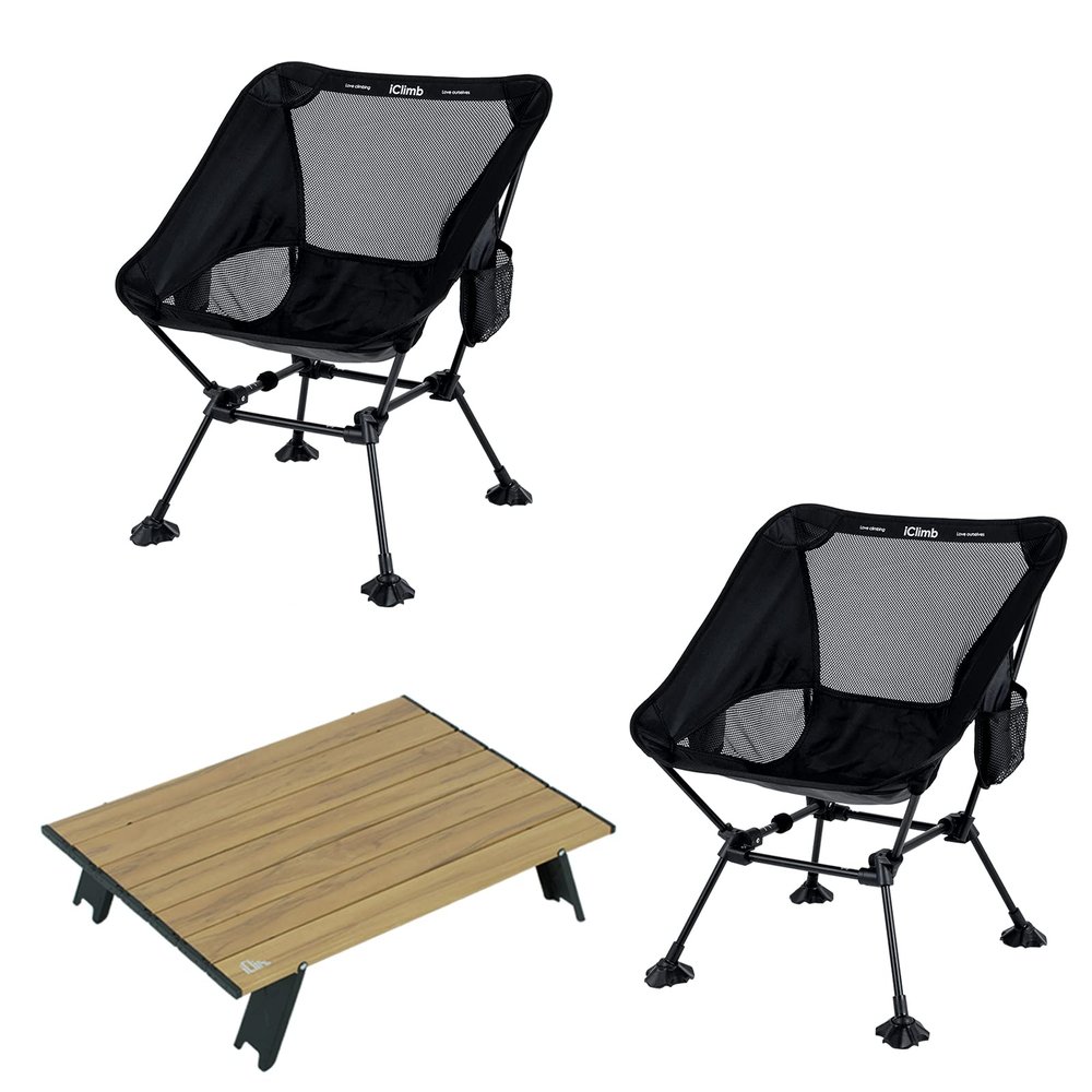 iClimb 1 Mini Folding Table and 2 Anti-Sinking Large Feet Chair Bundle, Ultralight Compact for Couple Outdoor Backpacking Camping Hiking Beach Concert