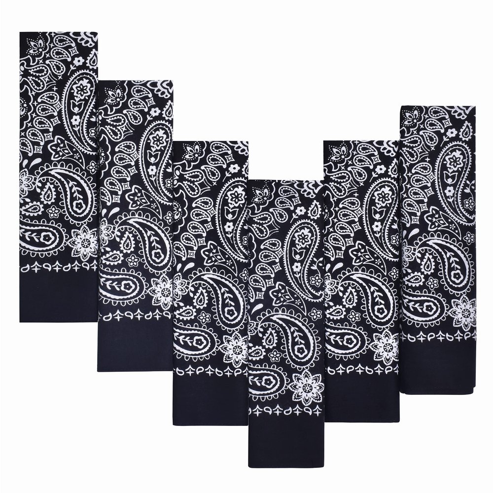 6-Pack Black 100% Cotton Bandanas Gift Set 22x22 Inch Paisley Head Wraps, Face & Neck Scarves, Multi-Purpose Accessories for Men & Women, Holiday & Everyday Gifting