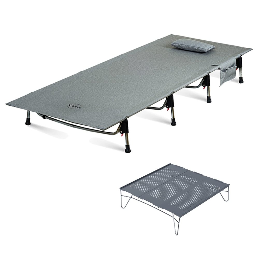 iClimb 1 Solo Mini Folding Table and 1 Super Easy Assemble Cot Bundle, Ultralight Compact for Adults Backpacking Camping Hiking Motorcycling Indoor Outdoor