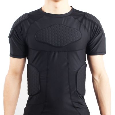 Jellybro Mens Padded Compression Shirt Chest Rib Protector Boys Football Training Shirt for Basketball Soccer Paintball Rugby Black
