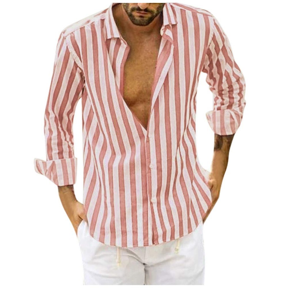 Men's Casual Button Down Shirt Cotton Long Sleeve Regular Fit Striped Dress Shirts Anti-Wrinkle Business Work Beach Tops Pink