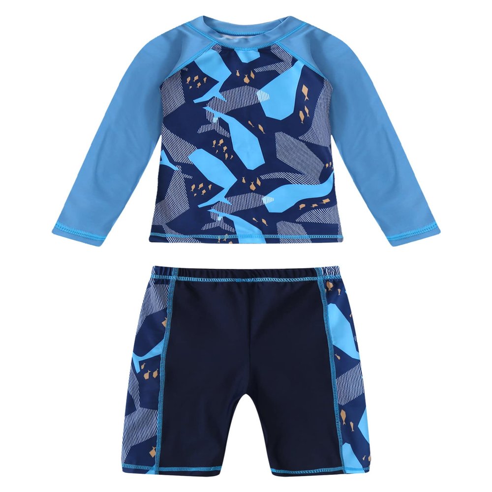 Daenrui Kids Boys Swimsuits UPF 50+ 2-Piece Swim Set Long Sleeve Rash Guard Shirt with Trunks Bathing Suit Navy 6-8 Years
