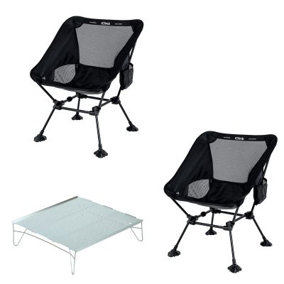 iClimb 1 Solo Mini Folding Table and 2 Anti-Sinking Large Feet Chair Bundle, Ultralight Compact for Two Person Outdoor Backpacking Hiking Camping Beach Concert