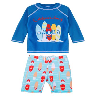 Daenrui Kids Boys Swimsuits UPF 50+ 2-Piece Swim Set Long Sleeve Rash Guard Shirt with Trunks Bathing Suit Waves 5-6 Years