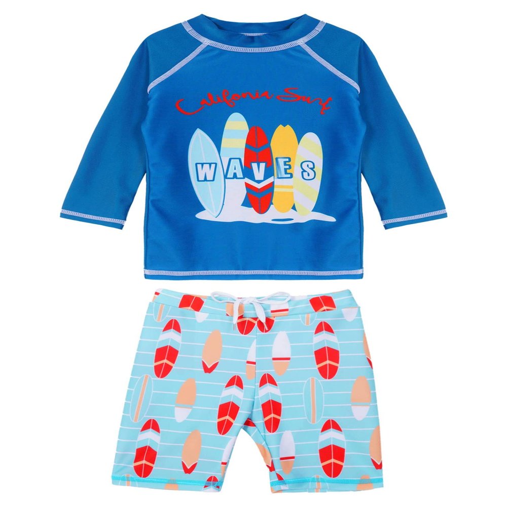 Daenrui Kids Boys Swimsuits UPF 50+ 2-Piece Swim Set Long Sleeve Rash Guard Shirt with Trunks Bathing Suit Waves 5-6 Years
