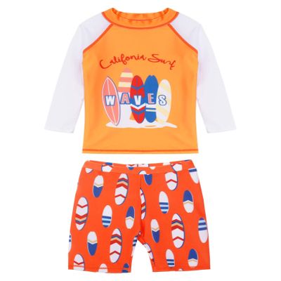 Daenrui Kids Boys Swimsuits UPF 50+ 2-Piece Swim Set Long Sleeve Rash Guard Shirt with Trunks Bathing Suit Orange 8-9 Years