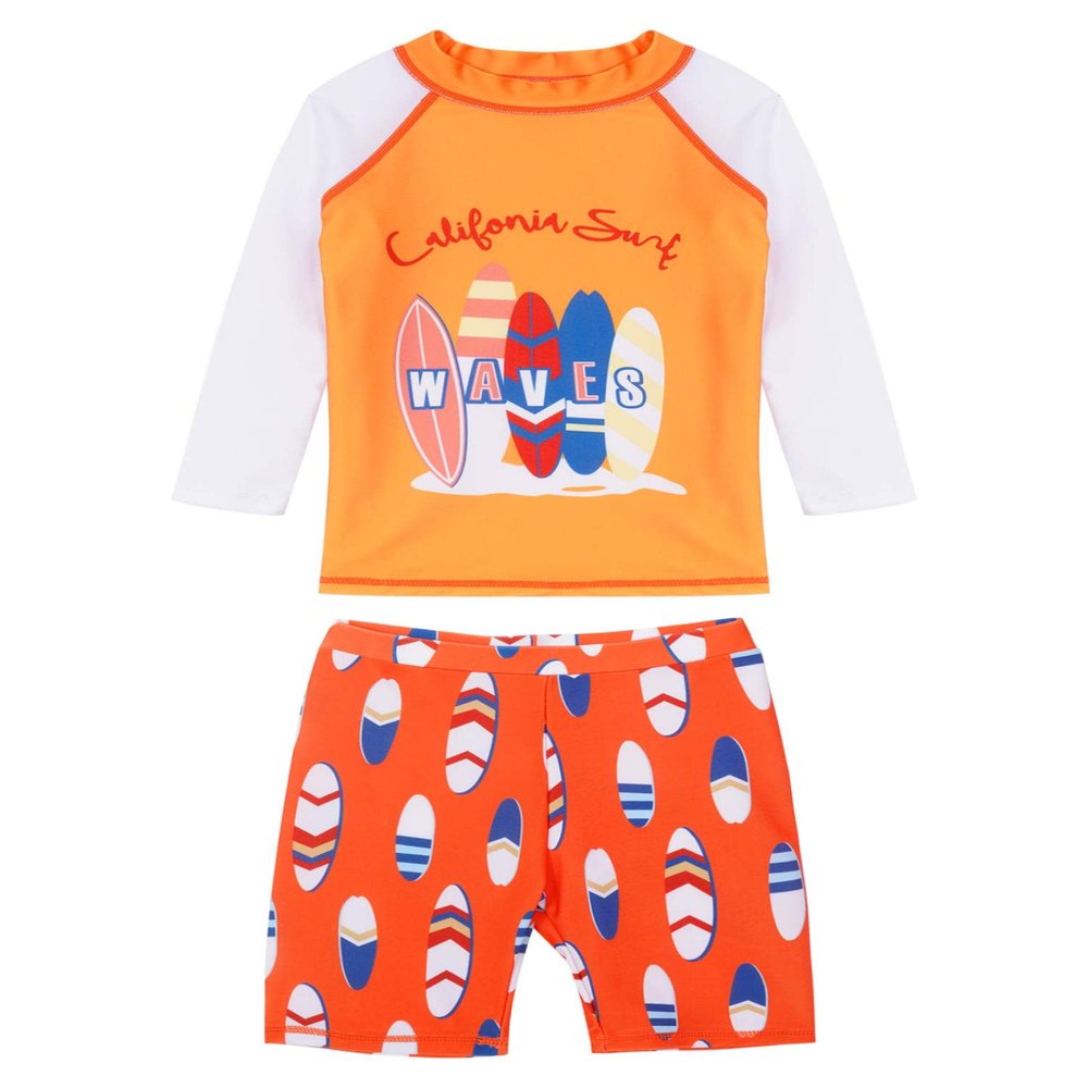 Daenrui Kids Boys Swimsuits UPF 50+ 2-Piece Swim Set Long Sleeve Rash Guard Shirt with Trunks Bathing Suit Orange 8-9 Years
