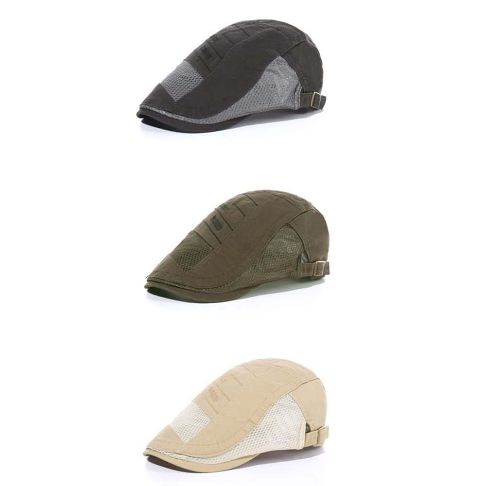 3 Pieces Men's Mesh Beret Spring Summer Casual Golf Driving Sun Flat Cap Newsboy Cabbie Hat Classic Adjustable Breathable Peaked Cap (Dark Grey,Army Green.Beige)