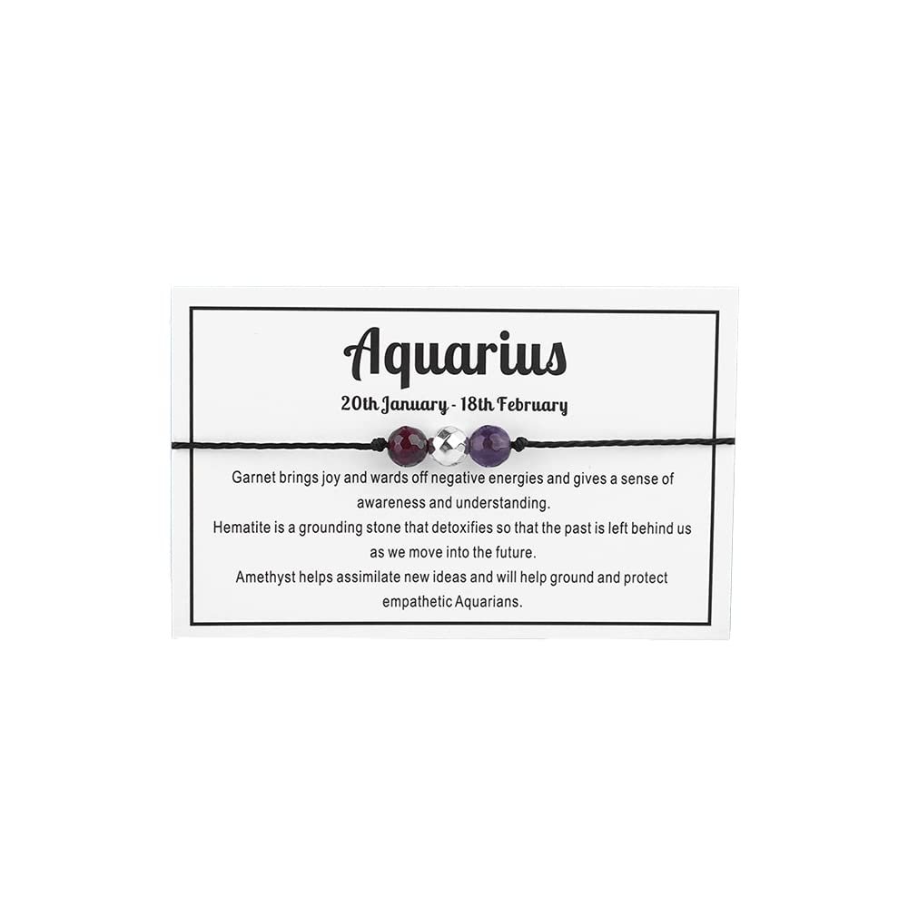 12 Constellation Zodiac Crystal Natural Stone Horoscope Stretch Bracelets Healing Gemstone Adjustable Braid Cord String Rope for Couples Friendship Reiki Yoga Meditation Jewelry-Aquarius