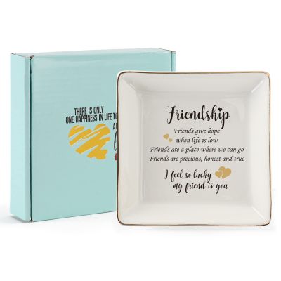 HOME SMILE Best Friends Ring Dish Decorative Tray-Friendship Present-Sentimental Inspirational Gift for Cheer Up Women-Friends Are A Place Where We Can Go,Im Lucky My Friend is You