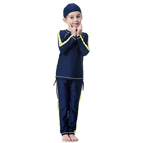 Girls Muslim Swimwear Modest Swimsuits Long Sleeve Bathing Suits Burkini Swimming Top Pants Hijab Full Coverage Islamic Surfing Rash Guard Sets Dark Blue+Yellow 6-7 Years