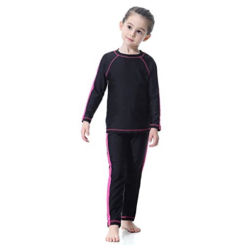 Girls Muslim Swimwear Modest Swimsuits Long Sleeve Bathing Suits Burkini Swimming Top Pants Hijab Full Coverage Islamic Surfing Rash Guard Sets Black + Pink 2-3 Years