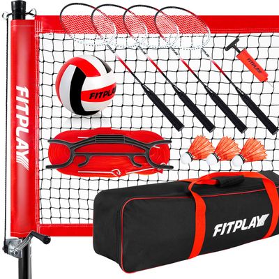 FITPLAY Outdoor Volleyball and Badminton Combo Set, Includes 4 Aluminum Badminton Rackets,3 Shuttlecocks, Anti-Sag Net and Height Adjust Poles, Volleyball, Air Pump, Boundary Line, and Carrying Bag