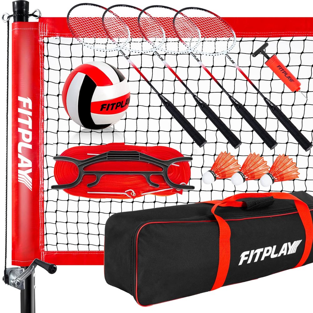 FITPLAY Outdoor Volleyball and Badminton Combo Set, Includes 4 Aluminum Badminton Rackets,3 Shuttlecocks, Anti-Sag Net and Height Adjust Poles, Volleyball, Air Pump, Boundary Line, and Carrying Bag