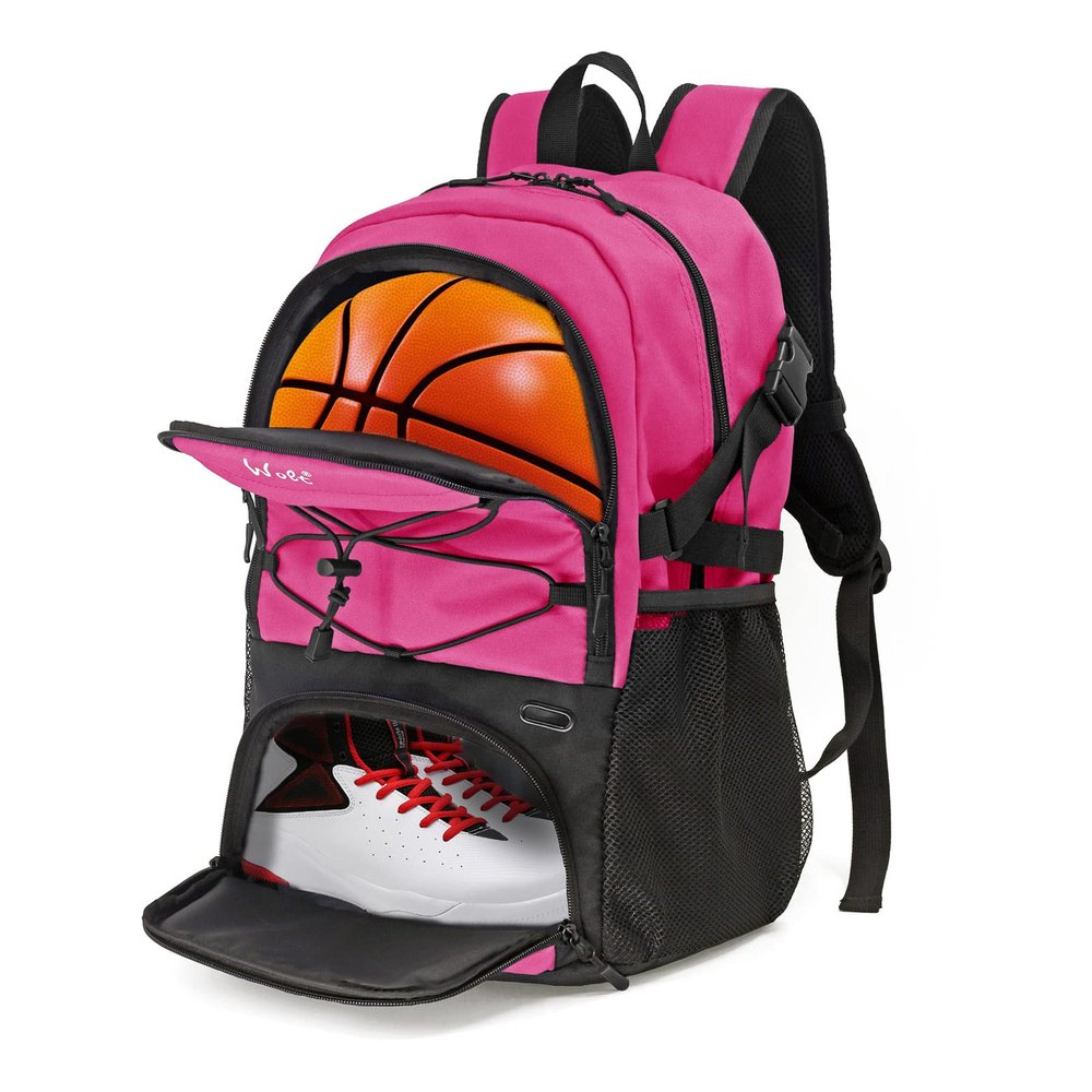 WOLT | Basketball Backpack Large Sports Bag with Separate Ball Holder & Shoes Compartment, Gifts for Basketball, Soccer, Volleyball, Swim, Gym, Travel (Pink)