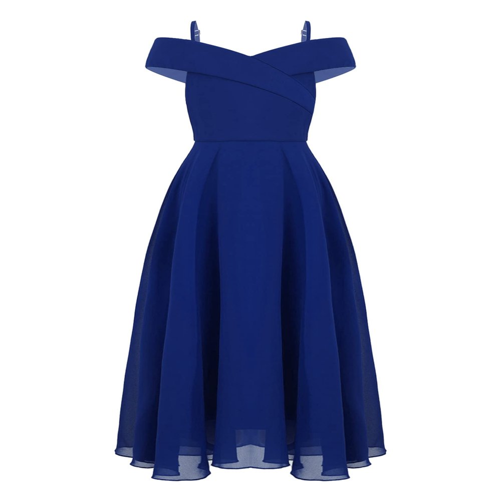 YiZYiF Kids Flower Girls Off Shoulder Long Chiffon Dress Spaghetti Strap Wedding Communion Dresses Royal Blue 16