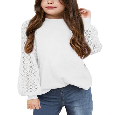 Batermoon Girls' Long Sleeve Shirts Lace Loose Casual Crewneck Blouses Tops 5-14 Years White