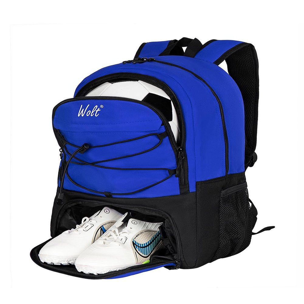 WOLT Soccer Backpack Soccer Bag with Ball Holder & Shoes Compartment, Sport Equipment Bags For Football, Basketball, Volleyball, Gym (Blue)