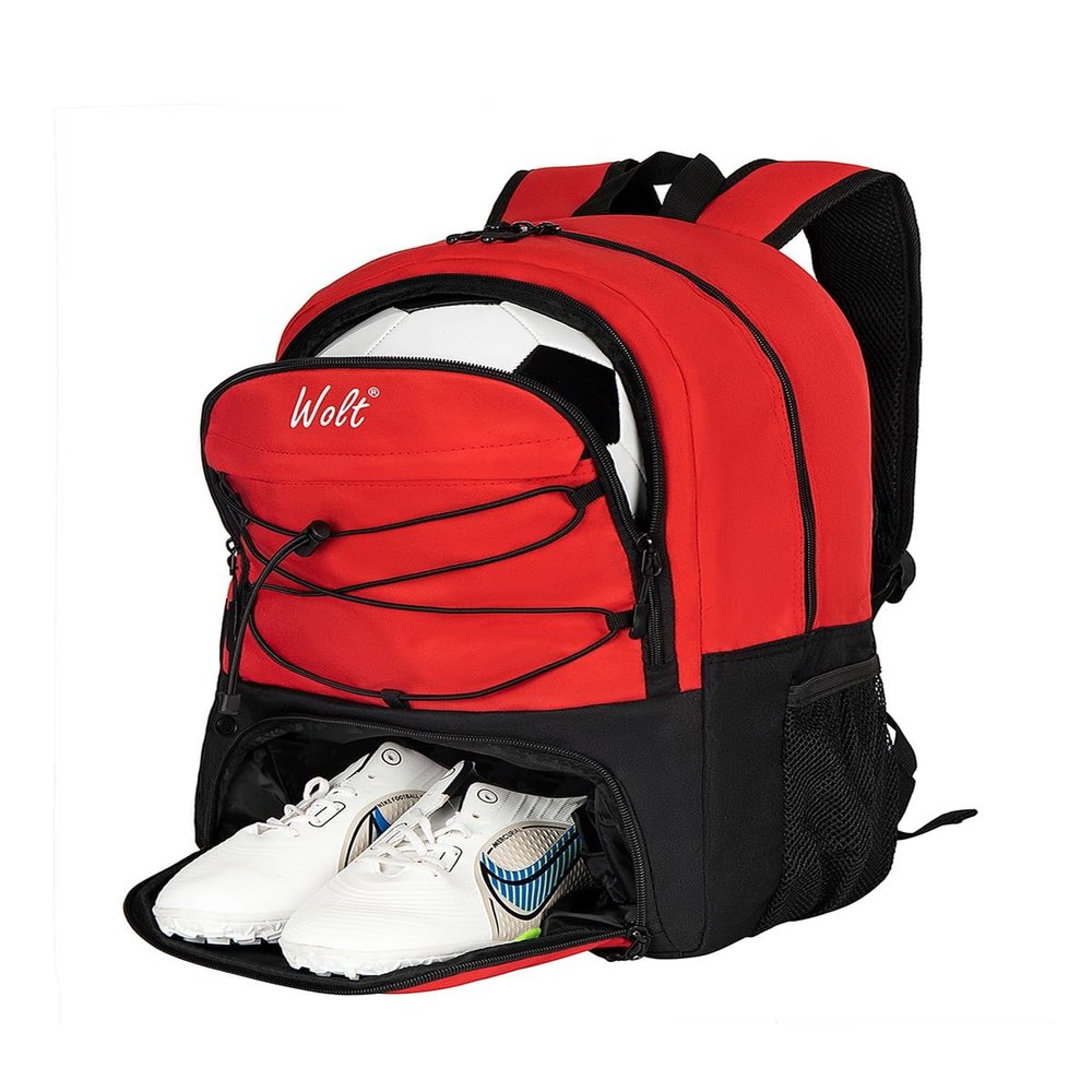 WOLT Soccer Backpack Soccer Bag with Ball Holder & Shoes Compartment, Sport Equipment Bags For Football, Basketball, Volleyball, Gym (Red)