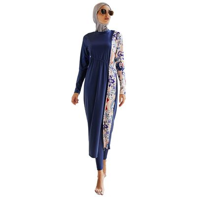 Muslim Swimsuits for Women Long Sleeve Floral Print Hijab Top Swim Pants Highly Elastic Full Coverage Swimwear Modest Islamic Ladies Beachwear Swimming Burkini Bathing Suit Dark Blue Print Large