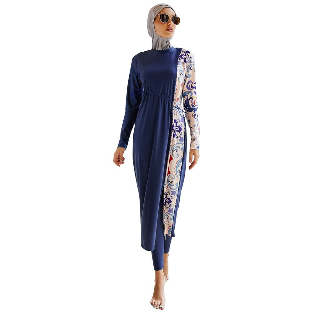 Muslim Swimsuits for Women Long Sleeve Floral Print Hijab Top Swim Pants Highly Elastic Full Coverage Swimwear Modest Islamic Ladies Beachwear Swimming Burkini Bathing Suit Dark Blue Print Large