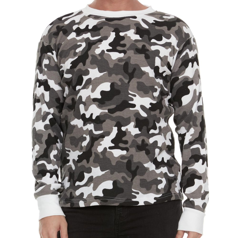 JMR Mens Thermal Shirt Long Sleeve - Heavyweight 100% Cotton Waffle Weave Top, Warm Breathable Base Layer or Standalone Cold Weather Essential (Grey Camo)