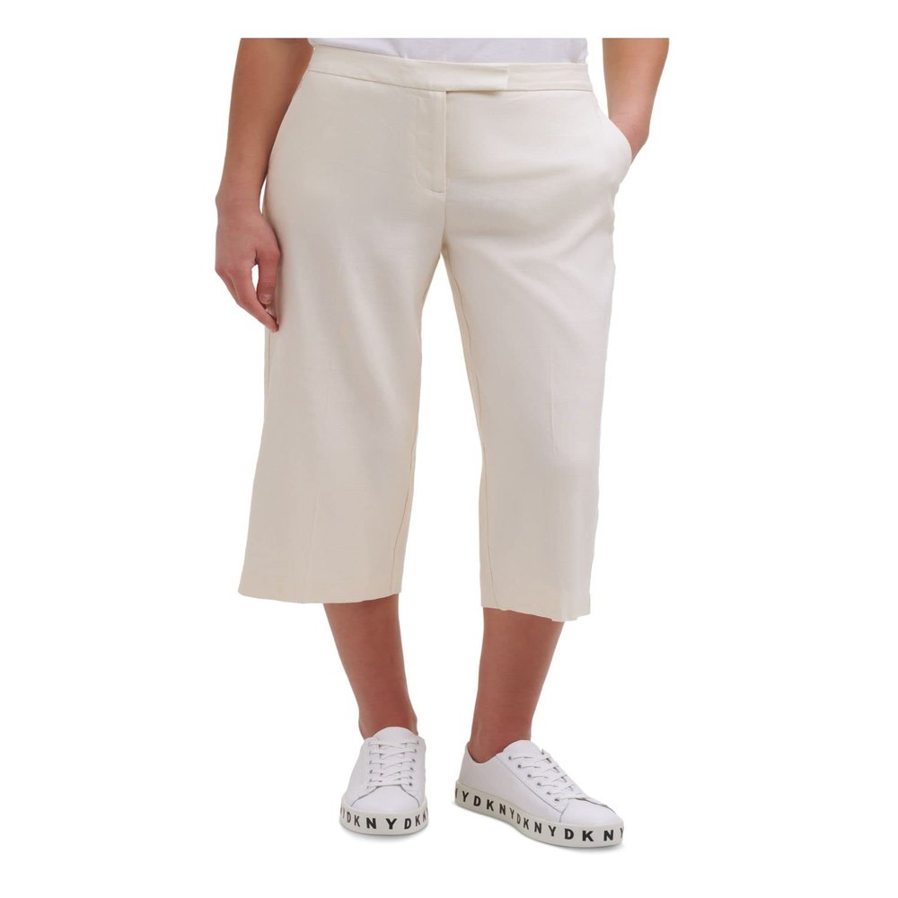 DKNY Womens Tab Front Linen Blend Cropped Pants Ivory 14
