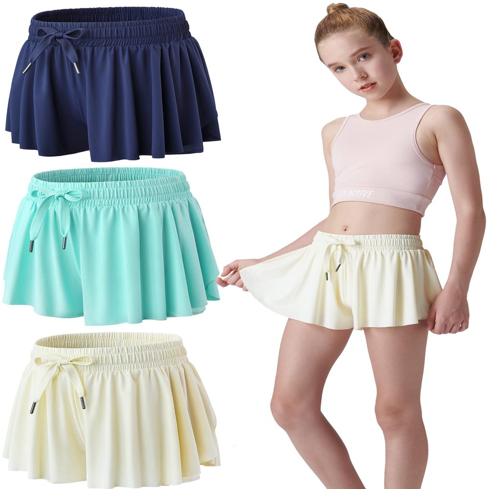 3 Pack Girls Flowy Shorts with Spandex Liner 2-in-1 Youth Butterfly Skirts for Fitness, Running, Sports (Set 1, Youth X-Large)