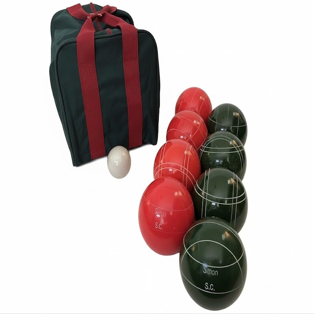 BuyBocceBalls Listing - Made in USA, Premium Quality Engraved Tournament Bocce Set, 998 Grams (2 lbs. 3.2 oz.). Various Bag Colors - 110mm Light Red and Dark Green Balls, Nylon Bag