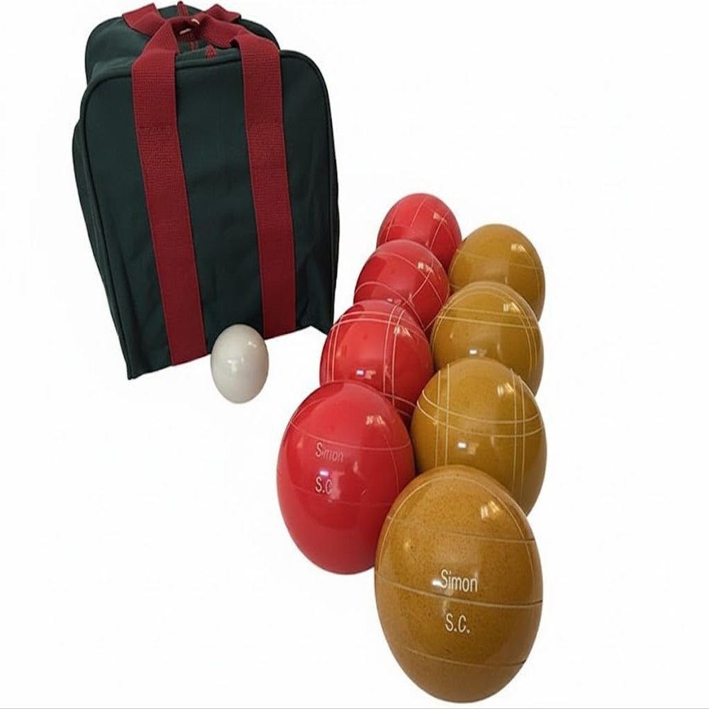 BuyBocceBalls Listing - Made in USA, Premium Quality Engraved Tournament Bocce Set, 998 Grams (2 lbs. 3.2 oz.). Various Bag Colors - 110mm Light Red and Gold Balls, Nylon Bag
