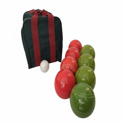 BuyBocceBalls Listing - Made in USA, Premium Quality Engraved Tournament Bocce Set, 998 Grams (2 lbs. 3.2 oz.). Various Bag Colors - 110mm Light Red and Lime Green Balls, Nylon Bag
