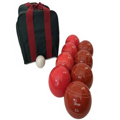 BuyBocceBalls Listing - Made in USA, Premium Quality Engraved Tournament Bocce Set, 998 Grams (2 lbs. 3.2 oz.). Various Bag Colors - 110mm Light Red and Red Balls, Nylon Bag