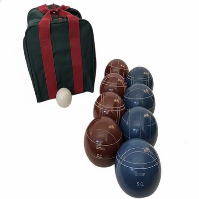 BuyBocceBalls Listing - Made in USA, Premium Quality Engraved Tournament Bocce Set - 110mm Dark Red and Blue Balls, Nylon Bag, 998 Grams (2 lbs. 3.2 oz.). Various Bag Colors