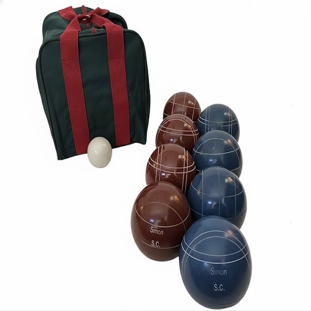 BuyBocceBalls Listing - Made in USA, Premium Quality Engraved Tournament Bocce Set - 110mm Dark Red and Blue Balls, Nylon Bag, 998 Grams (2 lbs. 3.2 oz.). Various Bag Colors