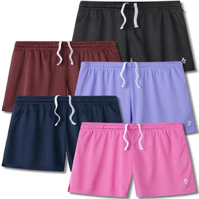 5-Pack Women's Athletic Shorts Mesh Basketball, Ladies Active Loose Pull-On Shorts with Zipper Pockets, 5" Inseam (Set 2, Large)