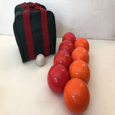 BuyBocceBalls Listing - Made in USA, Premium Quality Engraved Tournament Bocce Set, 998 Grams (2 lbs. 3.2 oz.). Various Bag Colors - 110mm Light Red and Orange Balls, Nylon Bag