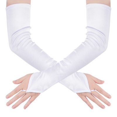 Hmxpls Fingerless Over Elbow Gloves, Long Fingerless Satin Opera Gloves Soft Stretchy Spandex Adult Size Cosplay Gloves (White)