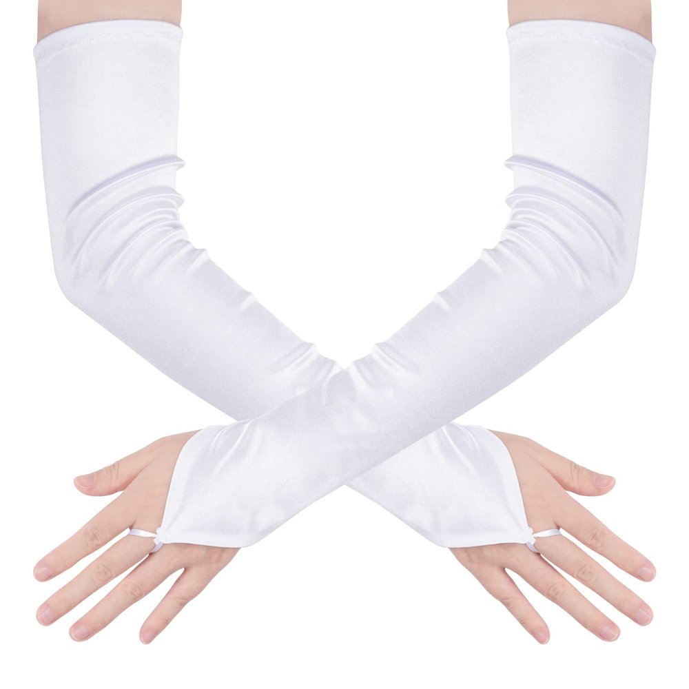 Hmxpls Fingerless Over Elbow Gloves, Long Fingerless Satin Opera Gloves Soft Stretchy Spandex Adult Size Cosplay Gloves (White)