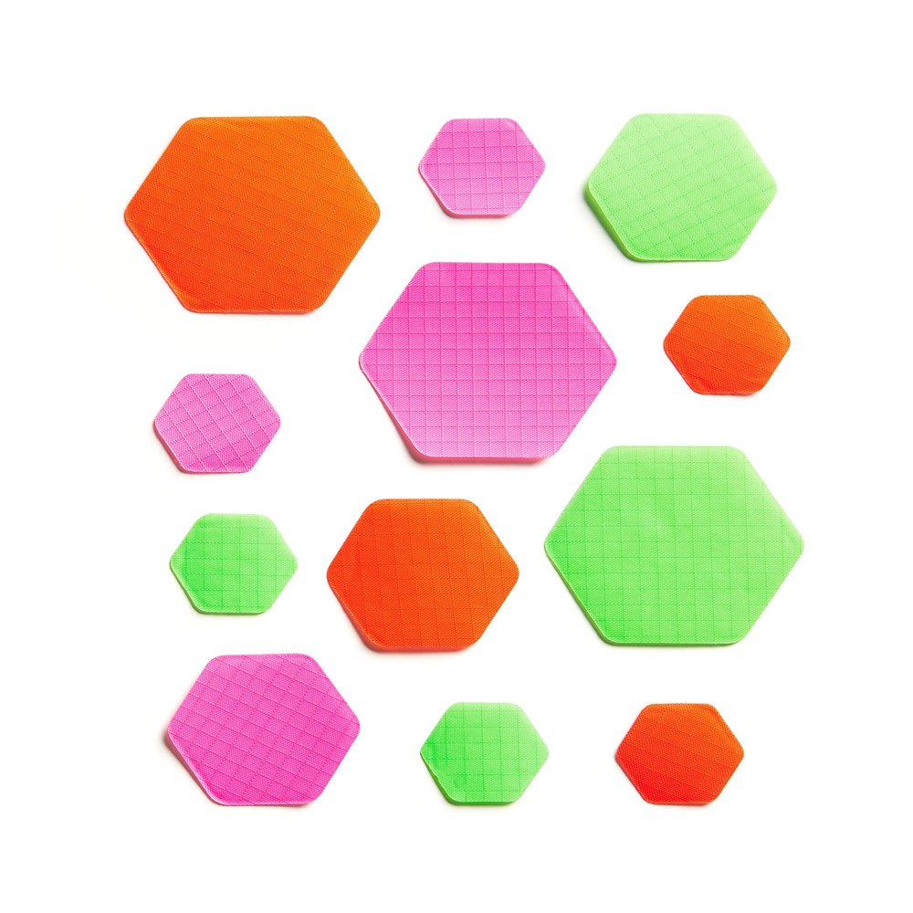 HEX Triple - Three Colour Kits - Hexagonal Down Jacket Self-Adhesive Repair Patches (Pink, Fluro Green and Fluro Orange)